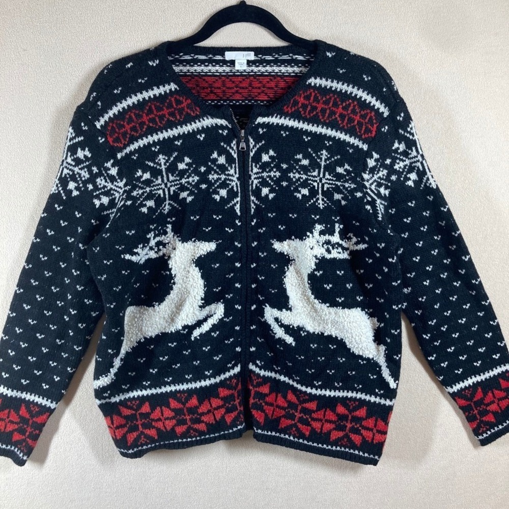 J. Jill Novelty Christmas Winter Deer Cardigan Sweater Sz Sm Black Red Oversized